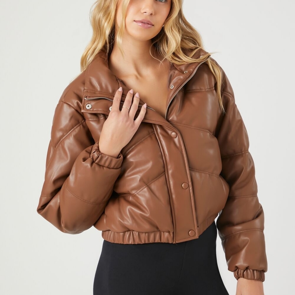 Forever 21 Women's Size Small Brown Puffer Faux Leather Jacket